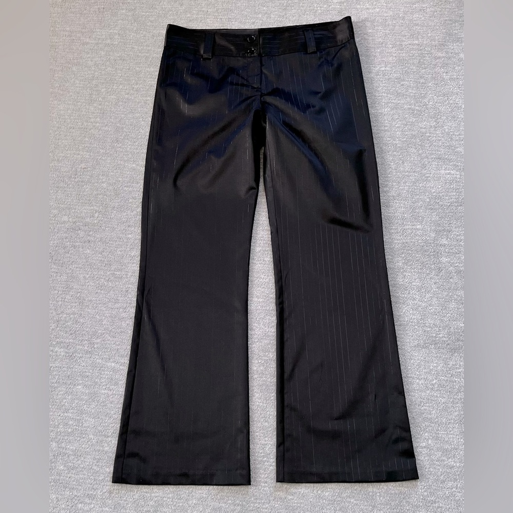 Wrapper Black Satiny Metallic Pinstripe Flare Trousers